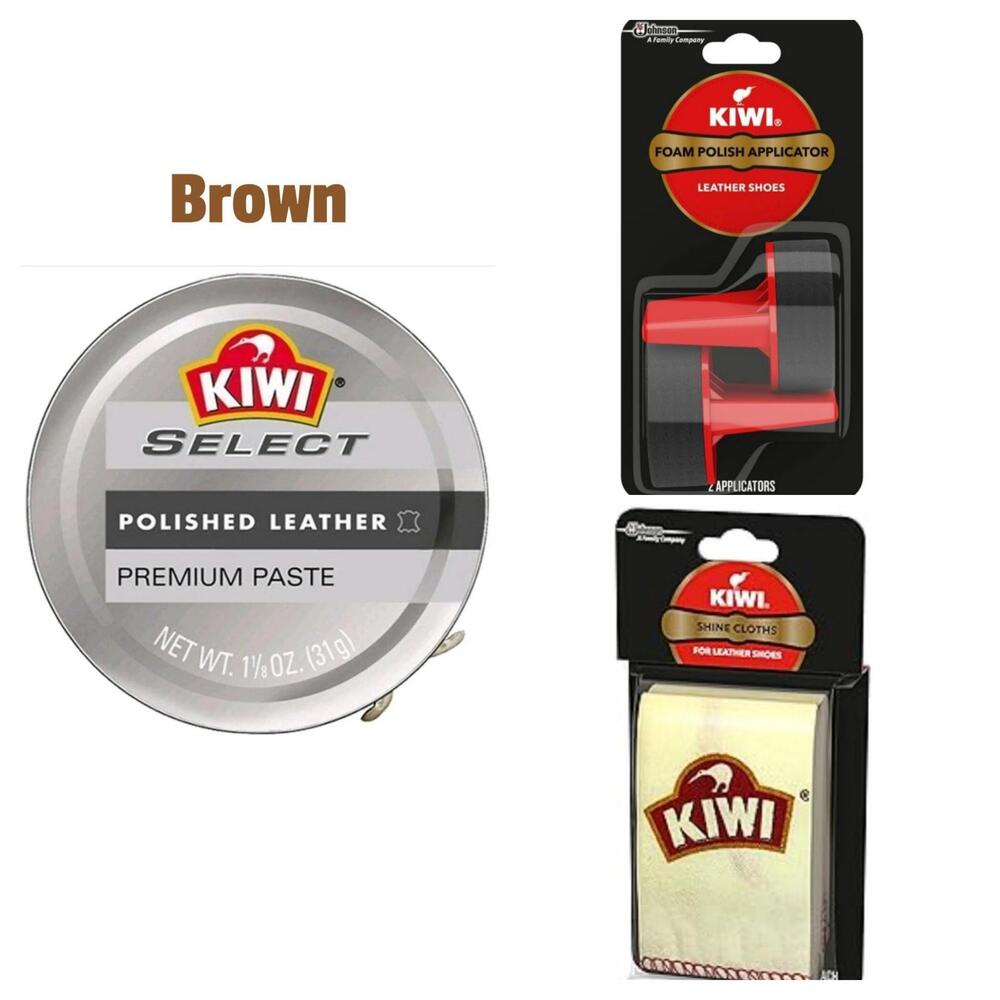 Kiwi Brown Shoe Polish Care Kit 1.13oz + 2  Foam‎ Applicators + 2 Shine Cloths